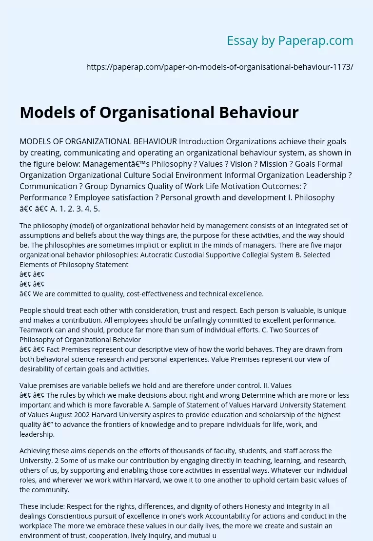 Models of Organisational Behaviour