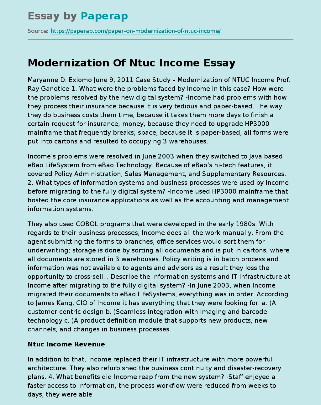 Modernization Of Ntuc Income
