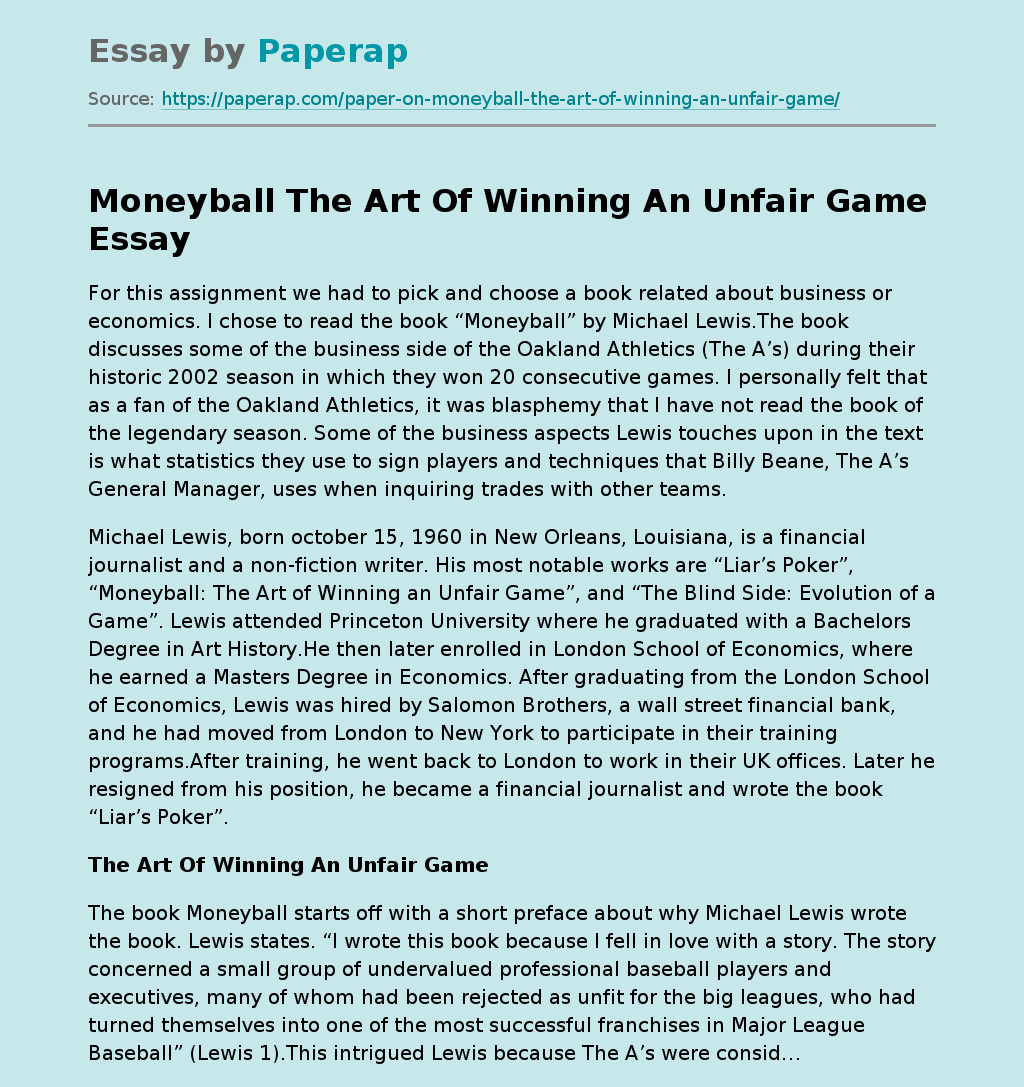 Moneyball The Art Of Winning An Unfair Game