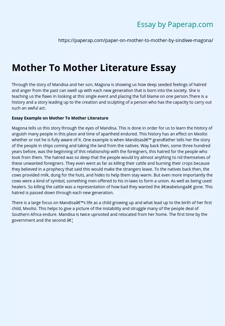 Mother To Mother Literature Essay