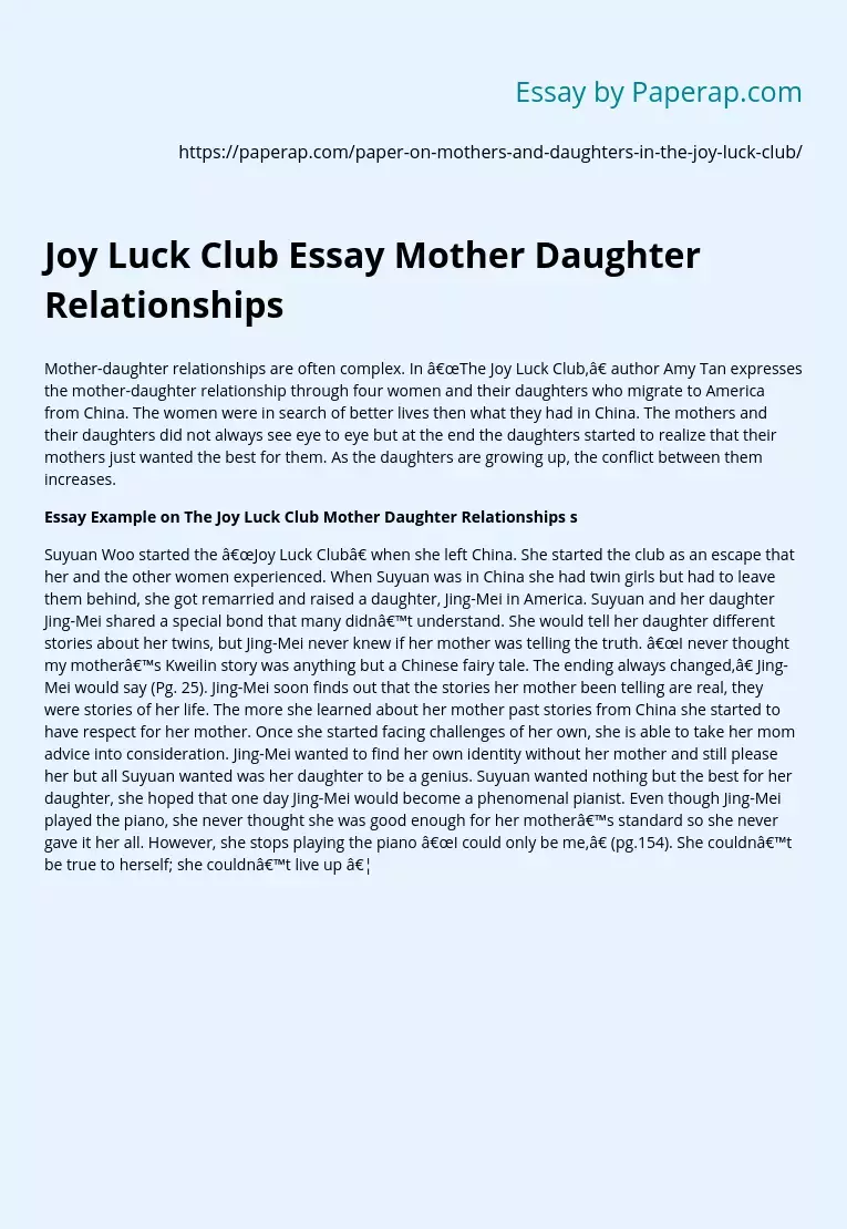 Joy Luck Club Essay Mother Daughter Relationships