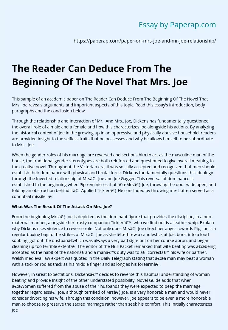 The Reader Can Deduce From The Beginning Of The Novel That Mrs. Joe