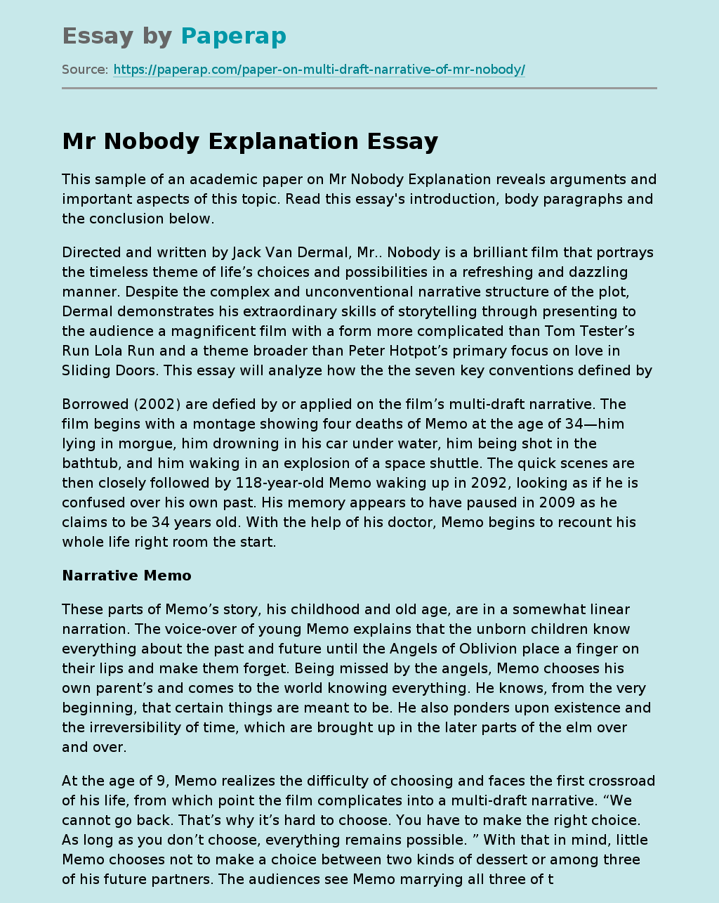 Sample of an Academic Paper on Mr Nobody Explanation