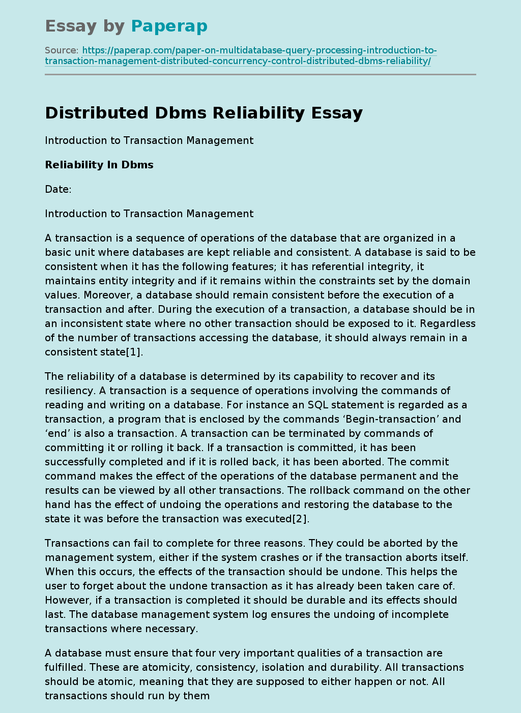 Distributed Dbms Reliability