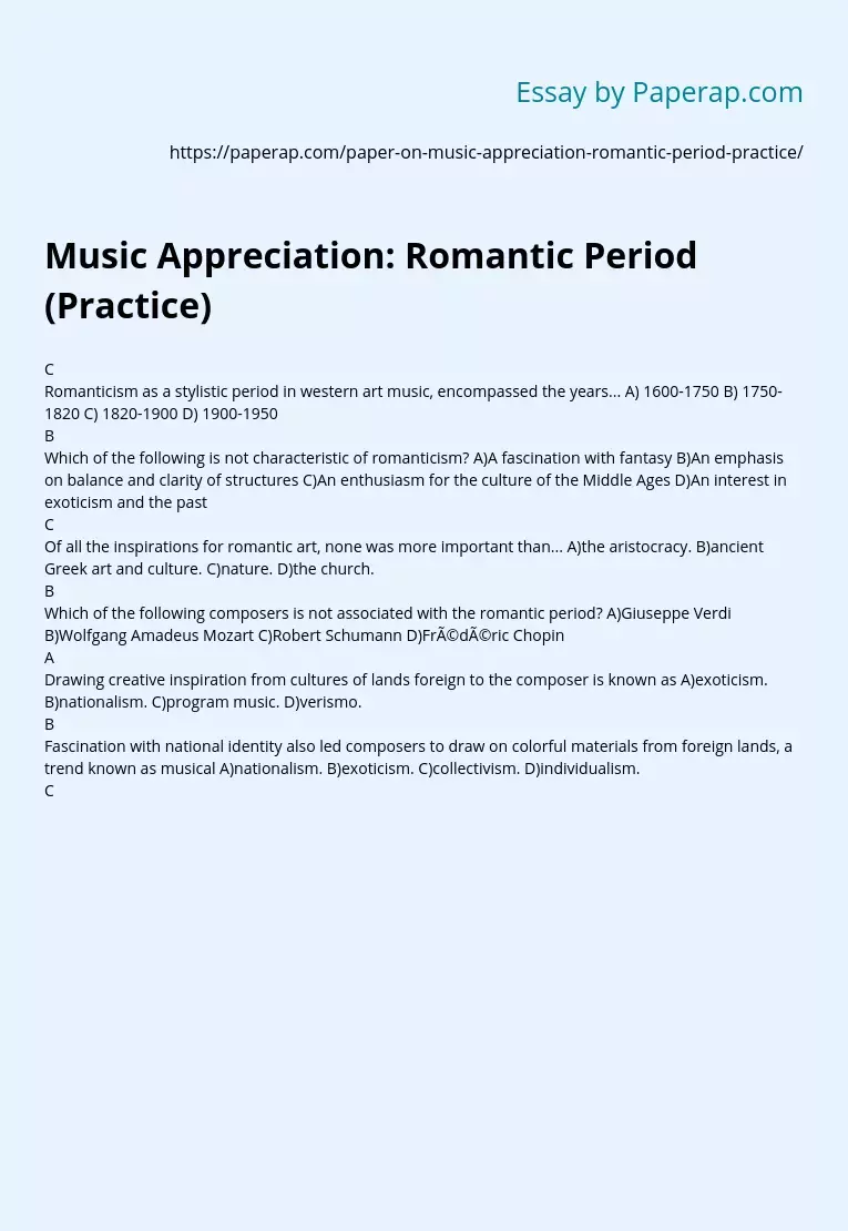 Music Appreciation: Romantic Period (Practice)