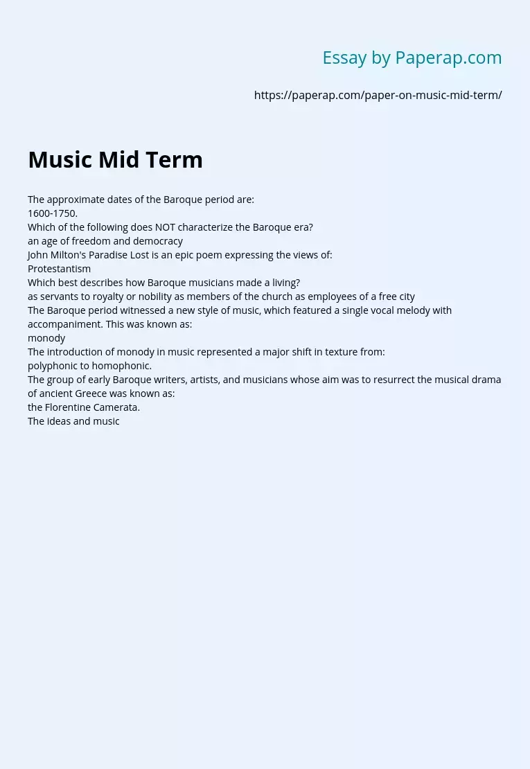 Music Mid Term Questions and Answers