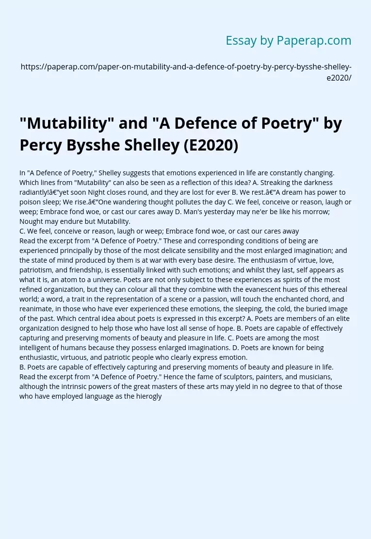 &quot;Mutability&quot; and &quot;A Defence of Poetry&quot; by Percy Bysshe Shelley (E2020)