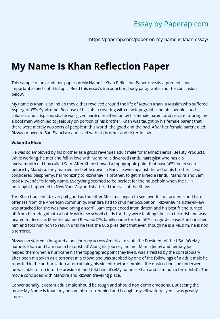 My Name Is Khan Reflection Paper