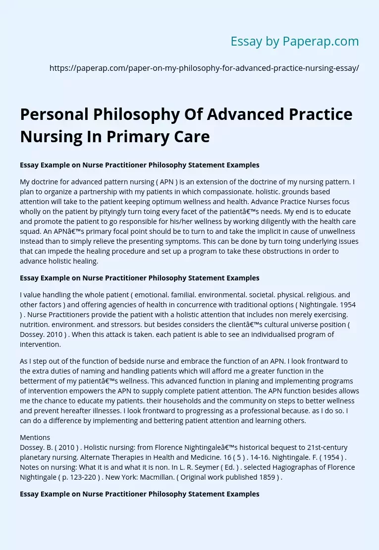 Personal Philosophy Of Advanced Practice Nursing In Primary Care