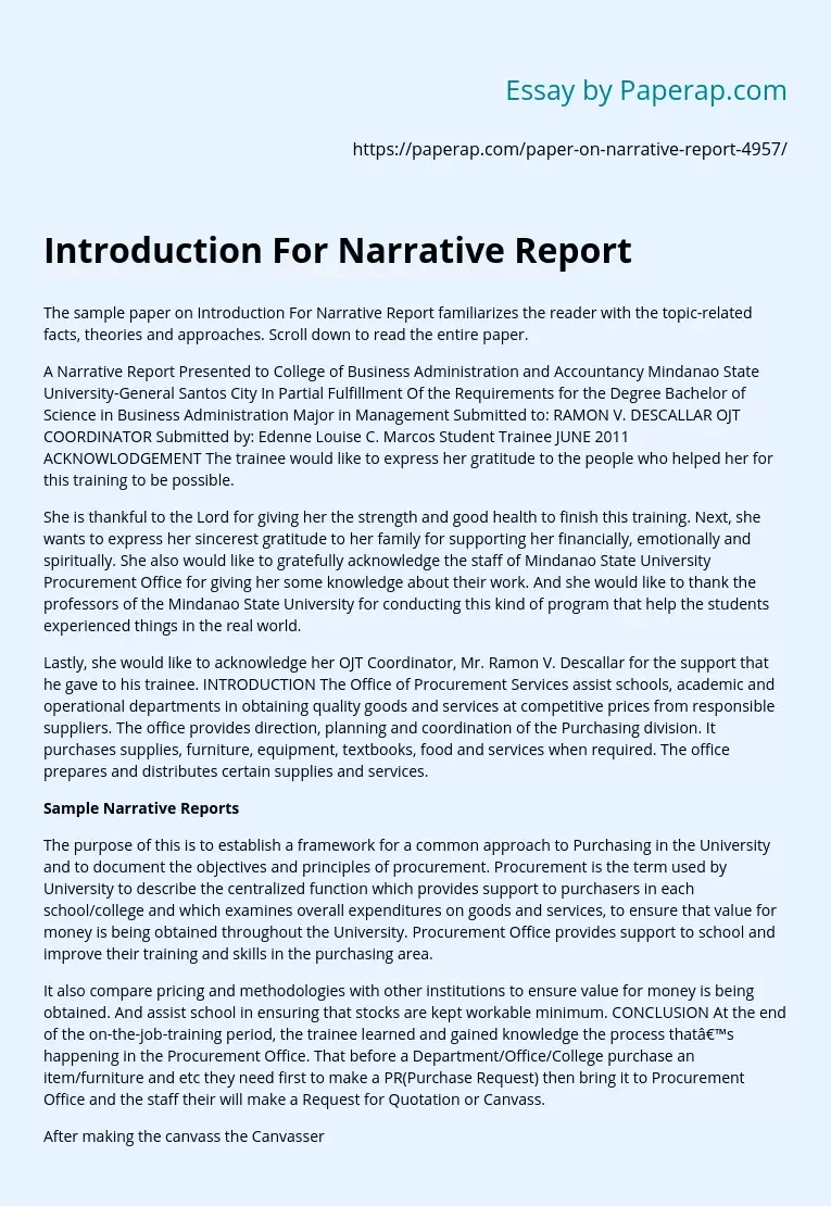 Introduction For Narrative Report
