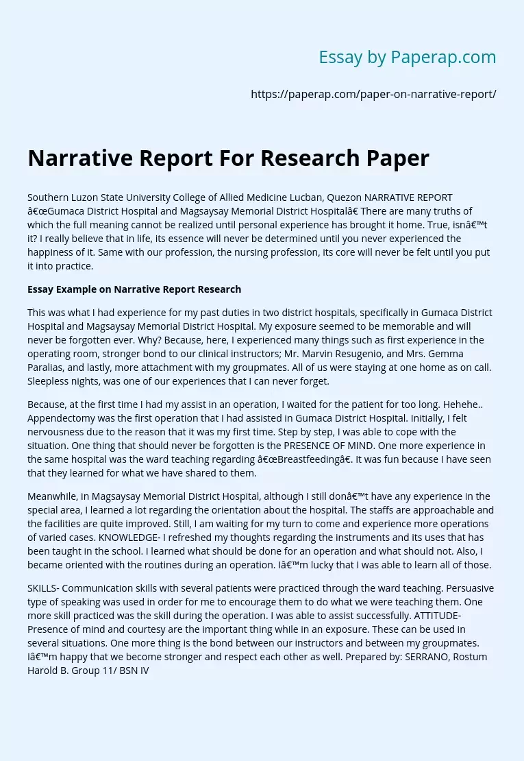Narrative Report For Research Paper