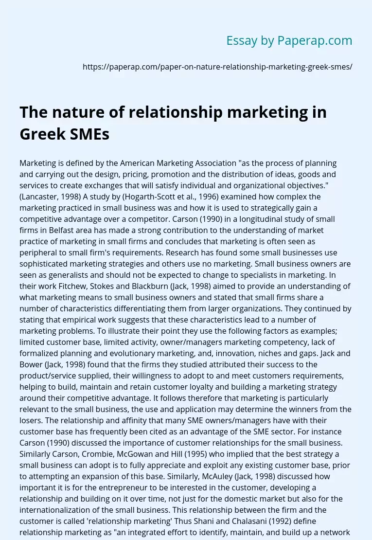 The nature of relationship marketing in Greek SMEs