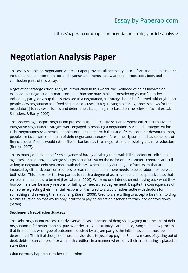 Negotiation Analysis Paper