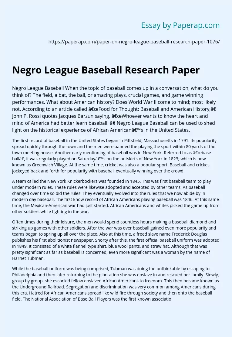Negro League Baseball Research Paper