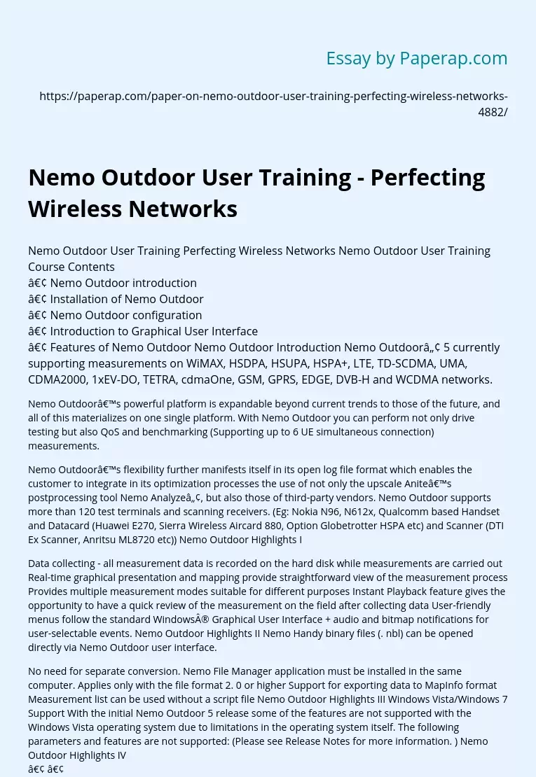 Nemo Outdoor User Training - Perfecting Wireless Networks