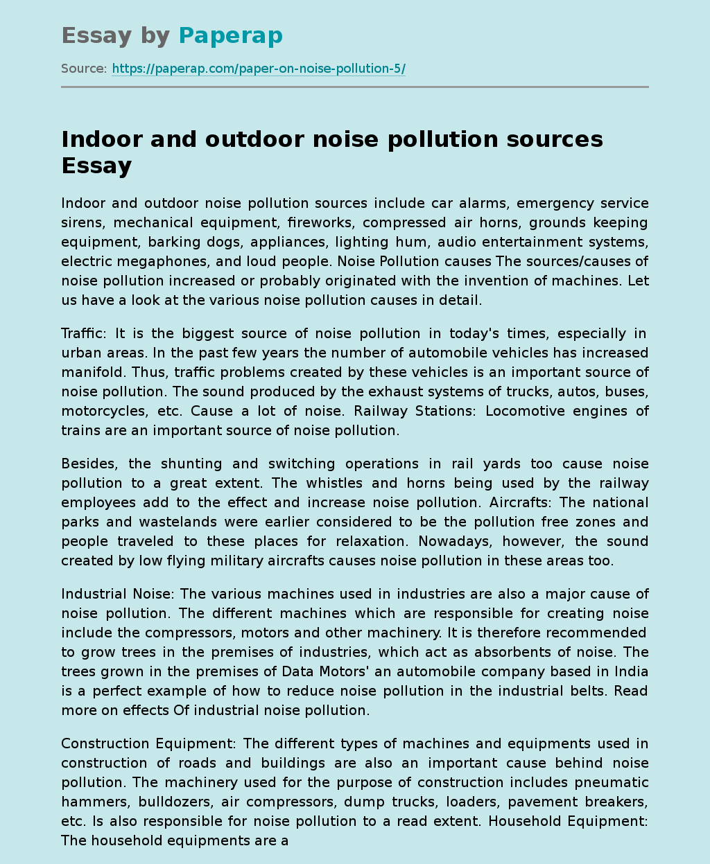 Indoor and Outdoor Noise Pollution Sources: Noise Health Effects