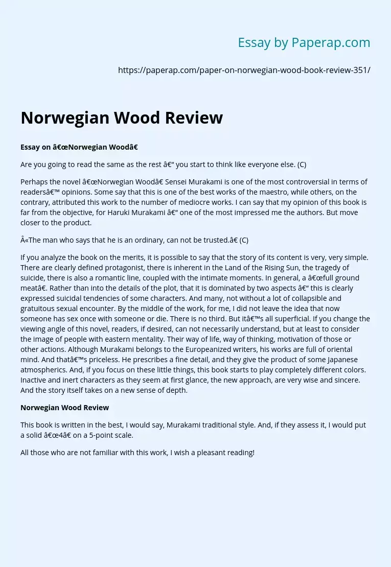 Sensei Murakami’s Novel ”Norwegian Forest”