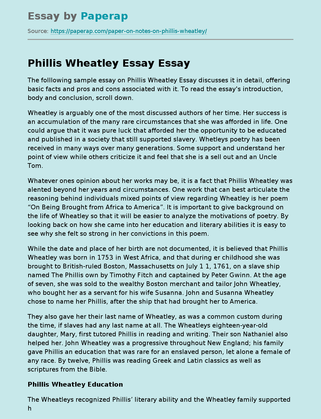 Phillis Wheatley Essay