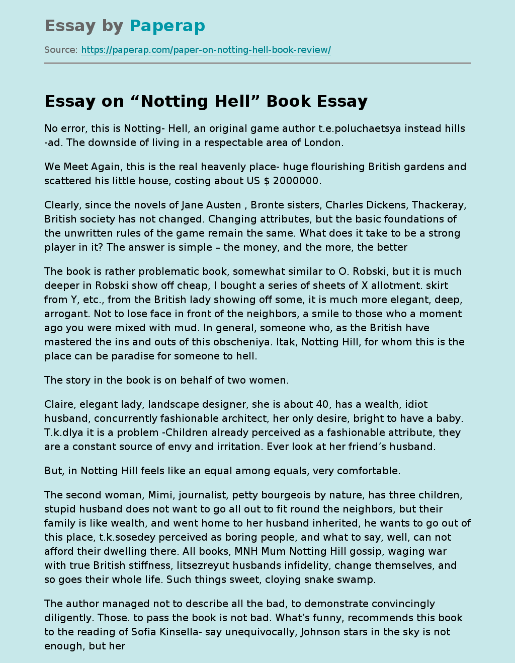 Essay on “Notting Hell” Book