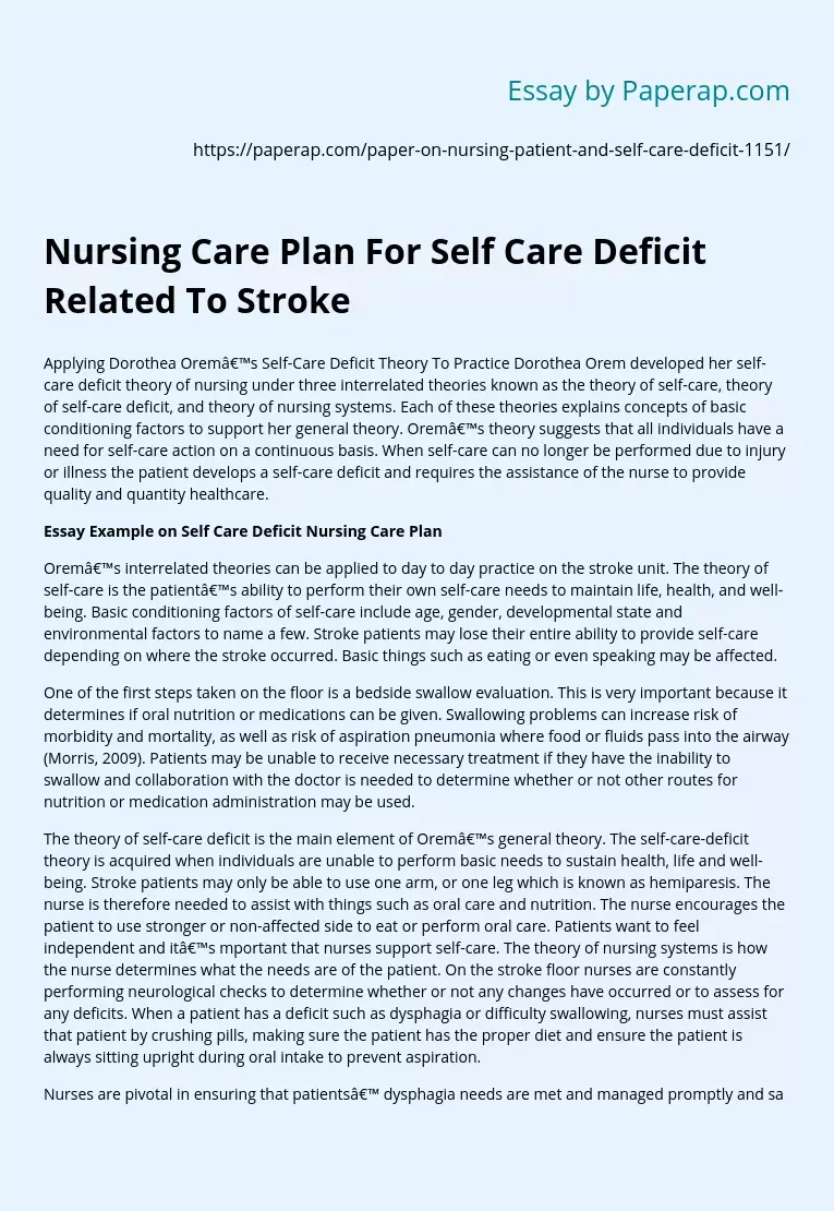 Nursing Care Plan For Self Care Deficit Related To Stroke