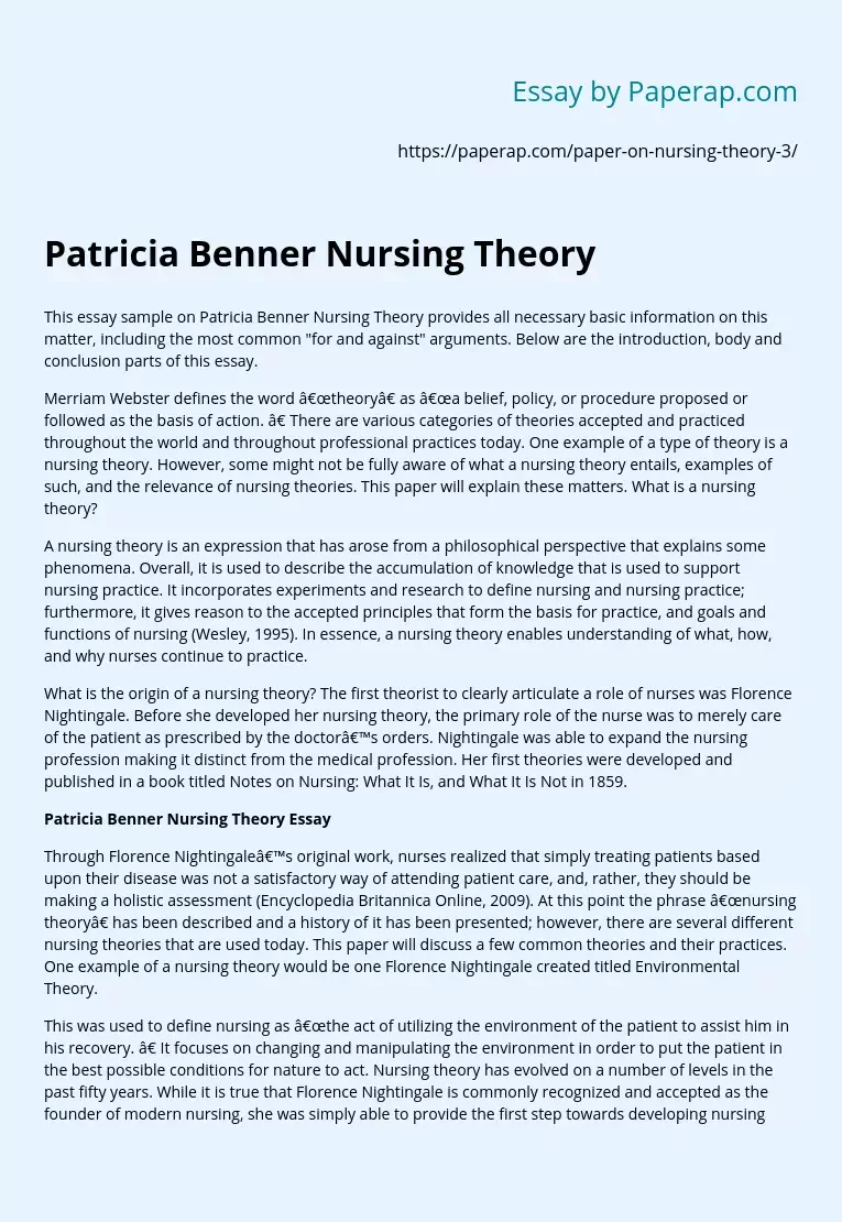 Patricia Benner Nursing Theory