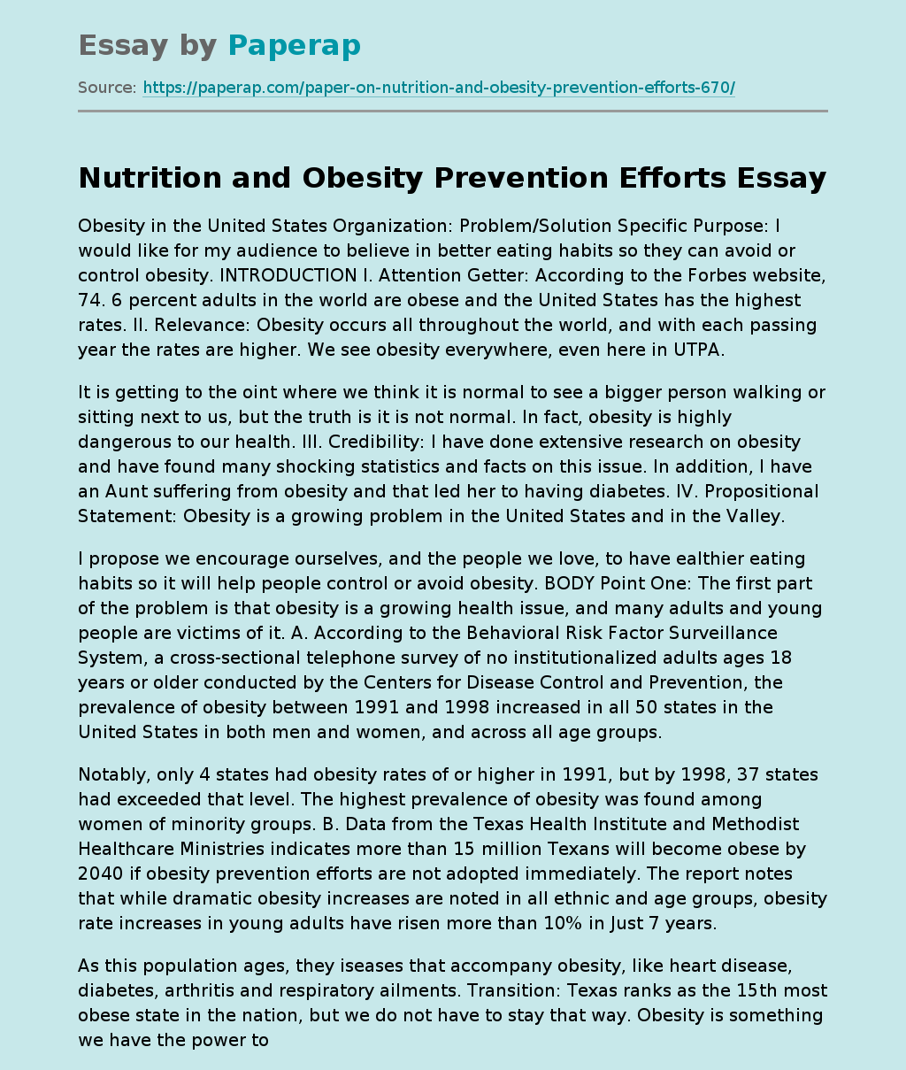 Nutrition and Obesity Prevention Efforts