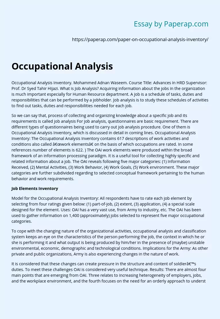 Occupational Analysis Inventory