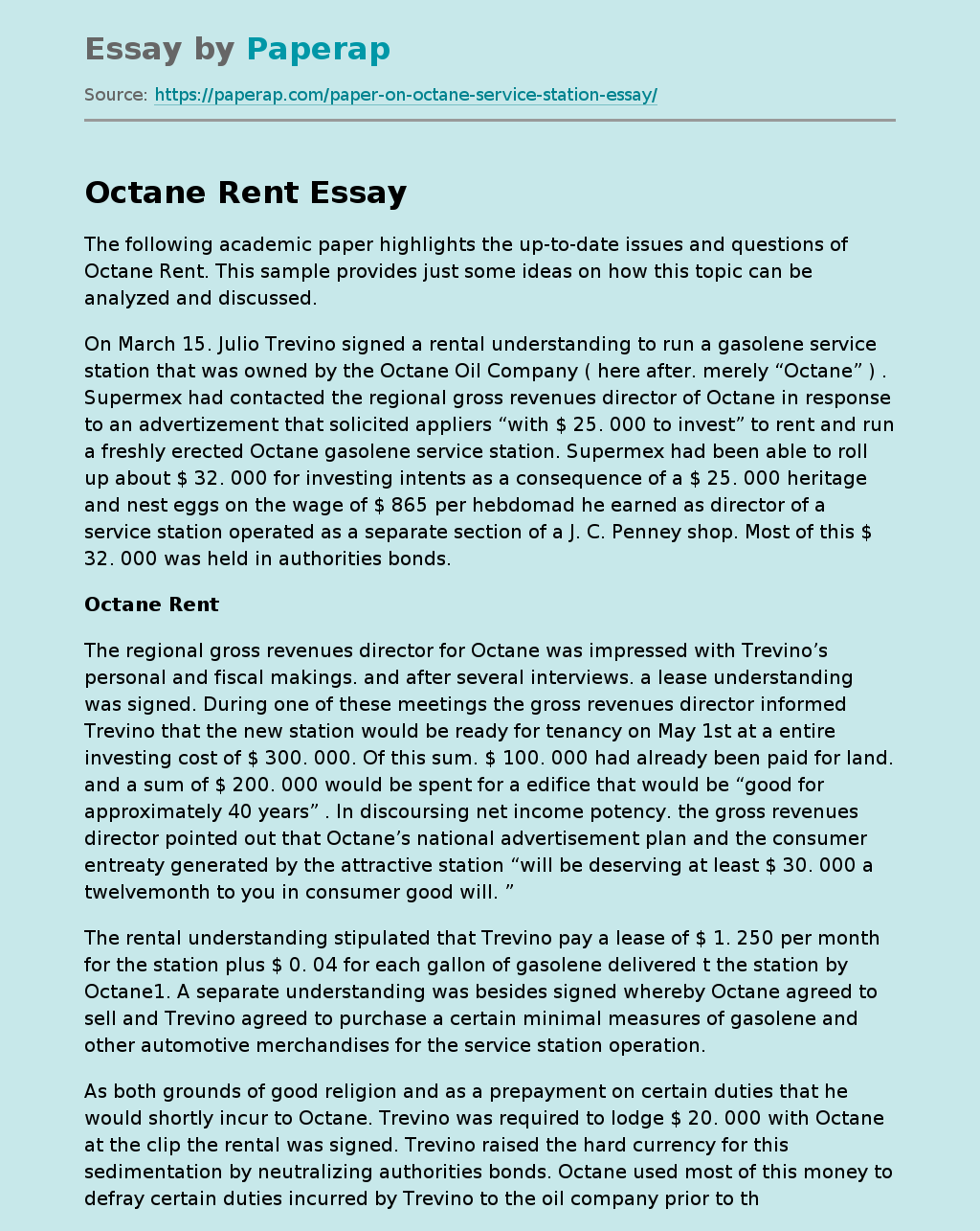 Up-to-Date Issues and Questions of Octane Rent