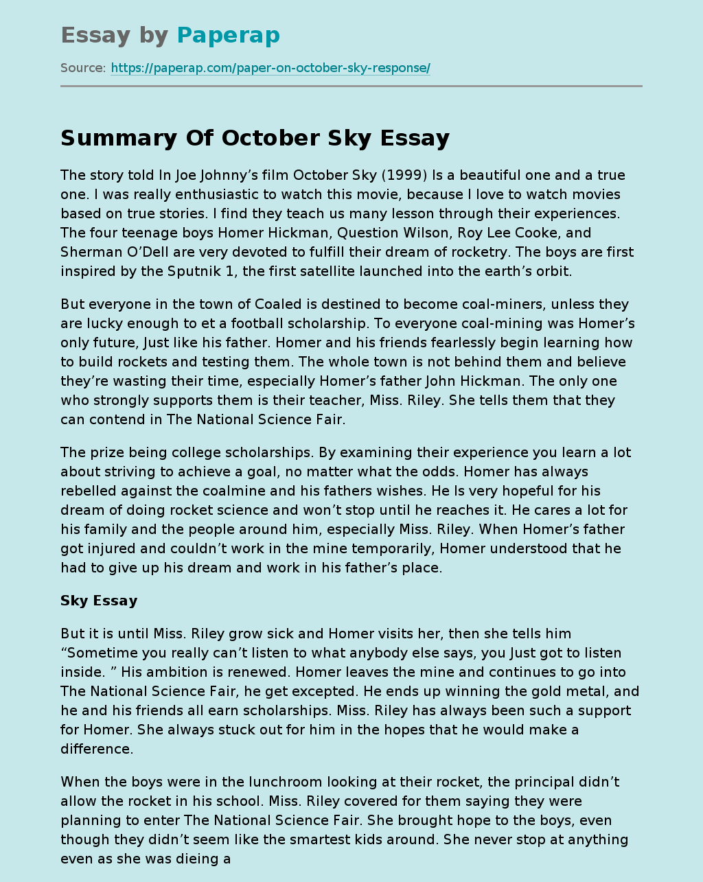 Summary Of October Sky