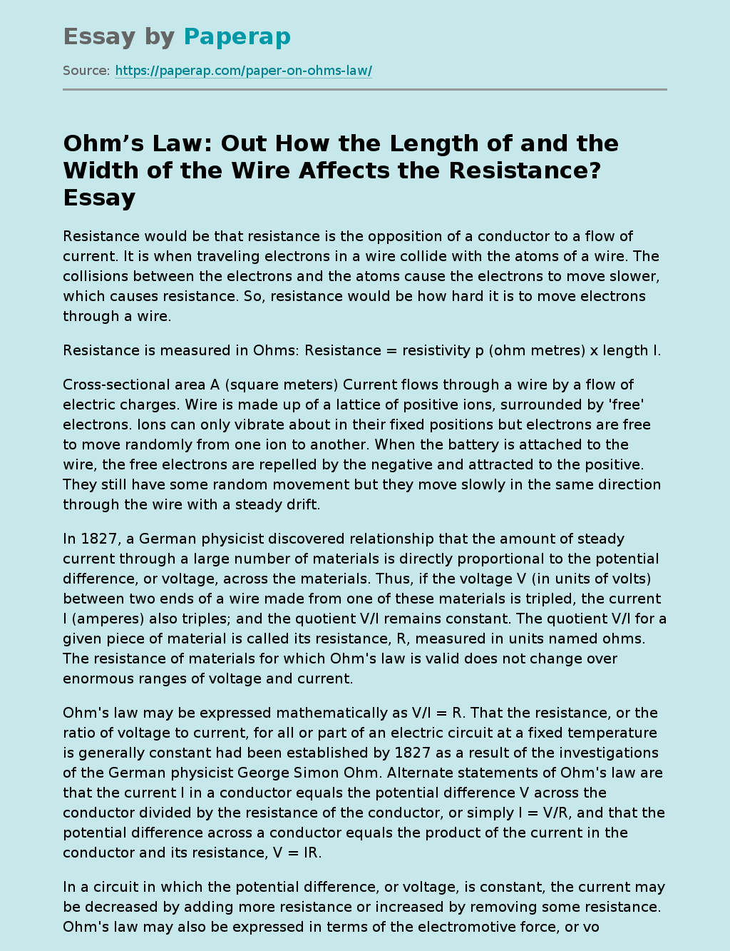 Ohm’s Law: Out How the Length of and the Width of the Wire Affects the Resistance?