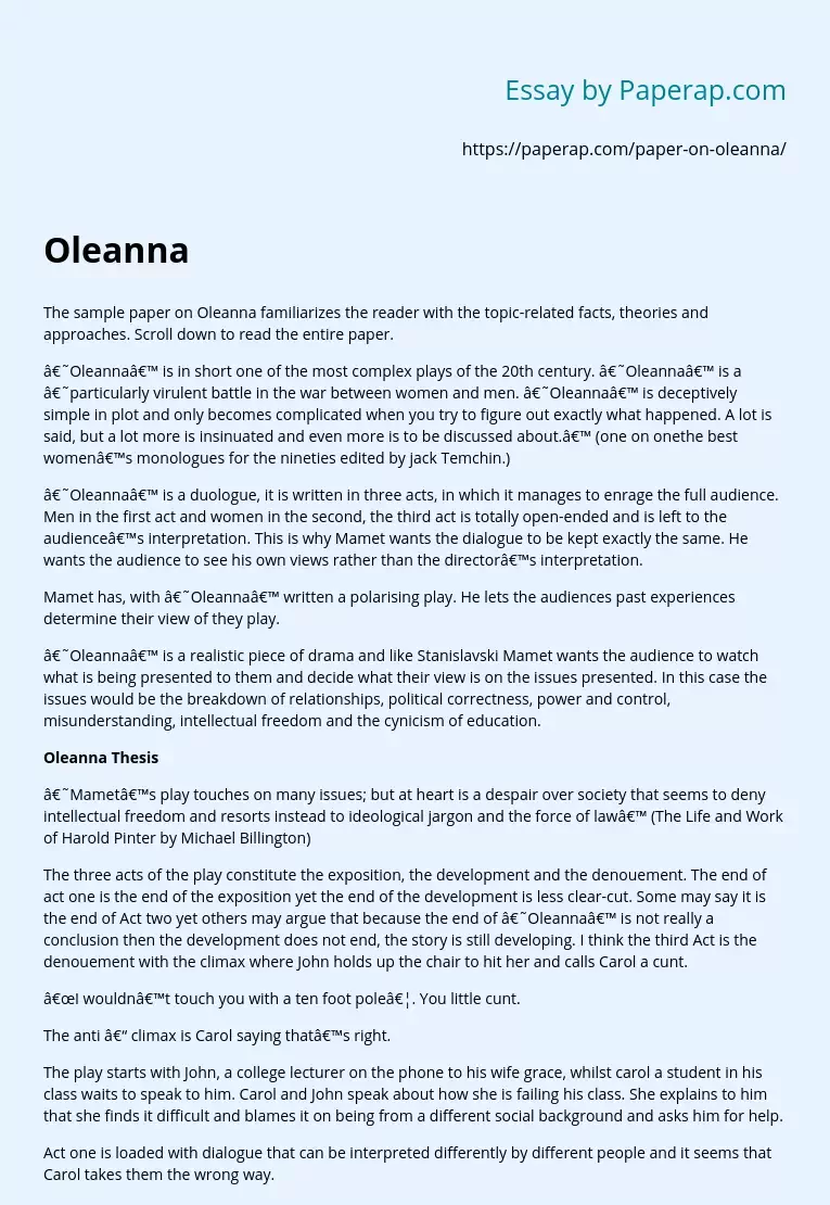 ‘Oleanna’ Written a Polarising Play