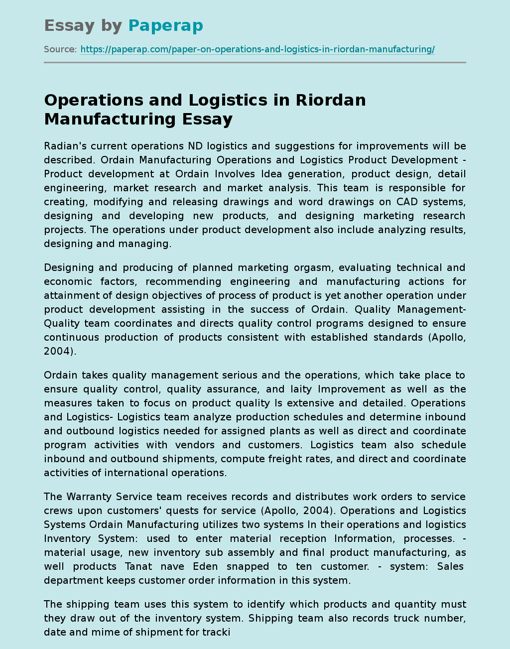 Operations and Logistics in Riordan Manufacturing