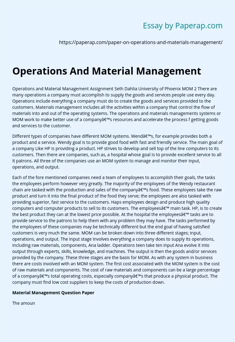 Operations And Material Management