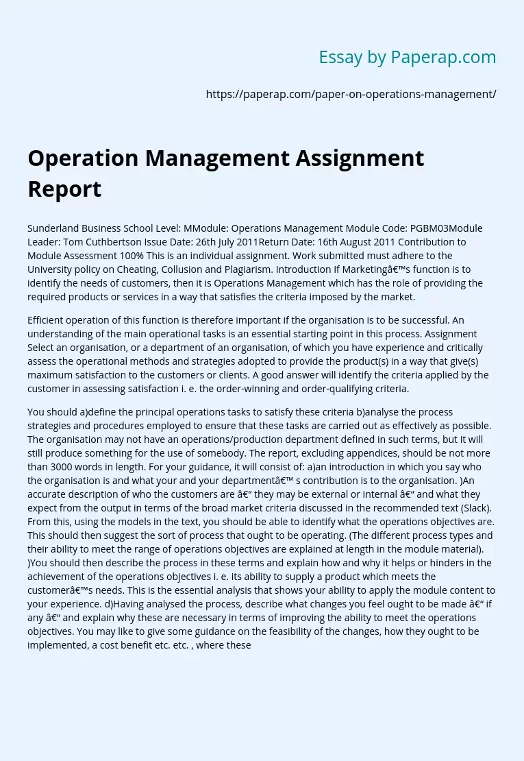 Operation Management Assignment Report