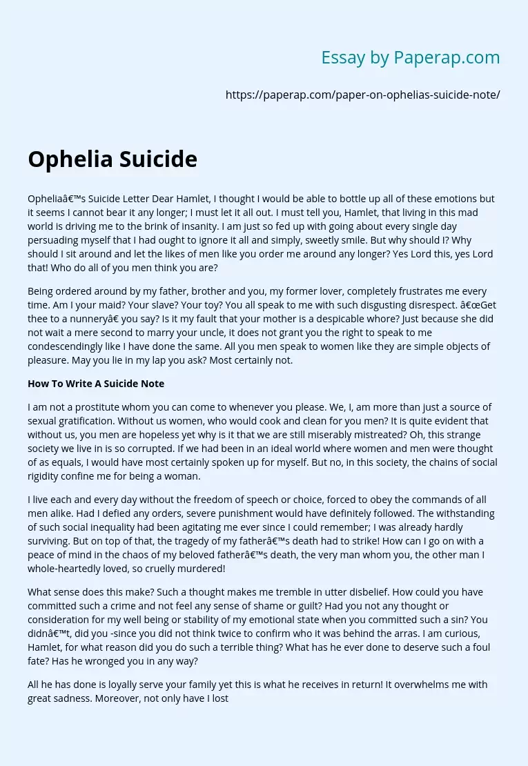 Ophelia Suicide Letter to Hamlet
