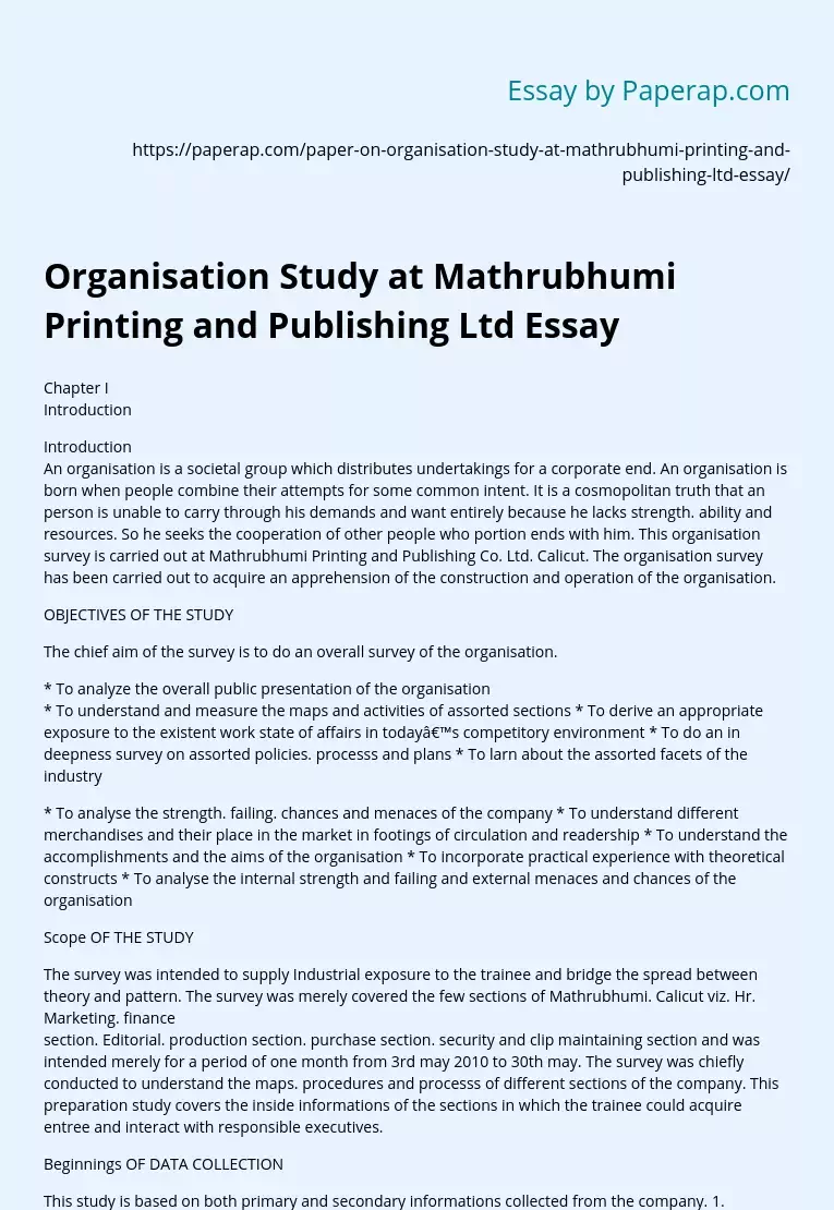 Organisation Study at Mathrubhumi Printing and Publishing Ltd