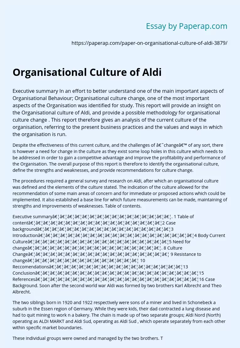 Organisational Culture of Aldi