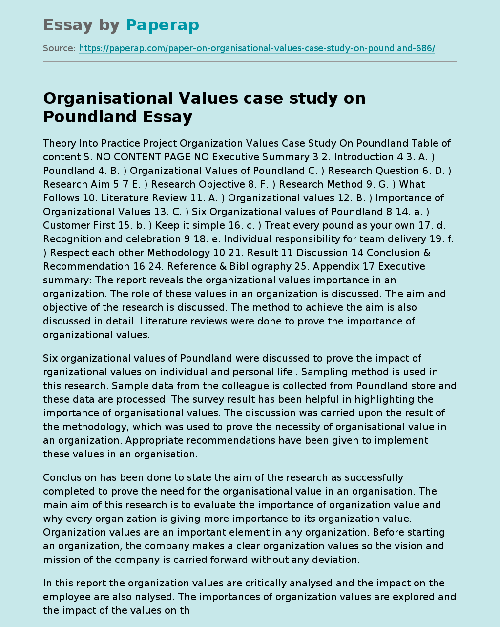 Organisational Values case study on Poundland