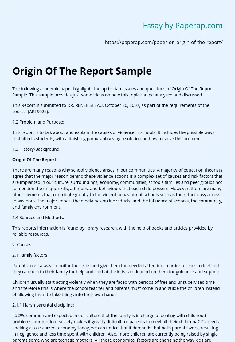 Origin Of The Report Sample