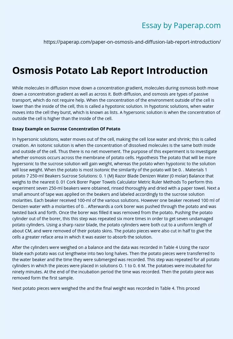 Osmosis Potato Lab Report Introduction