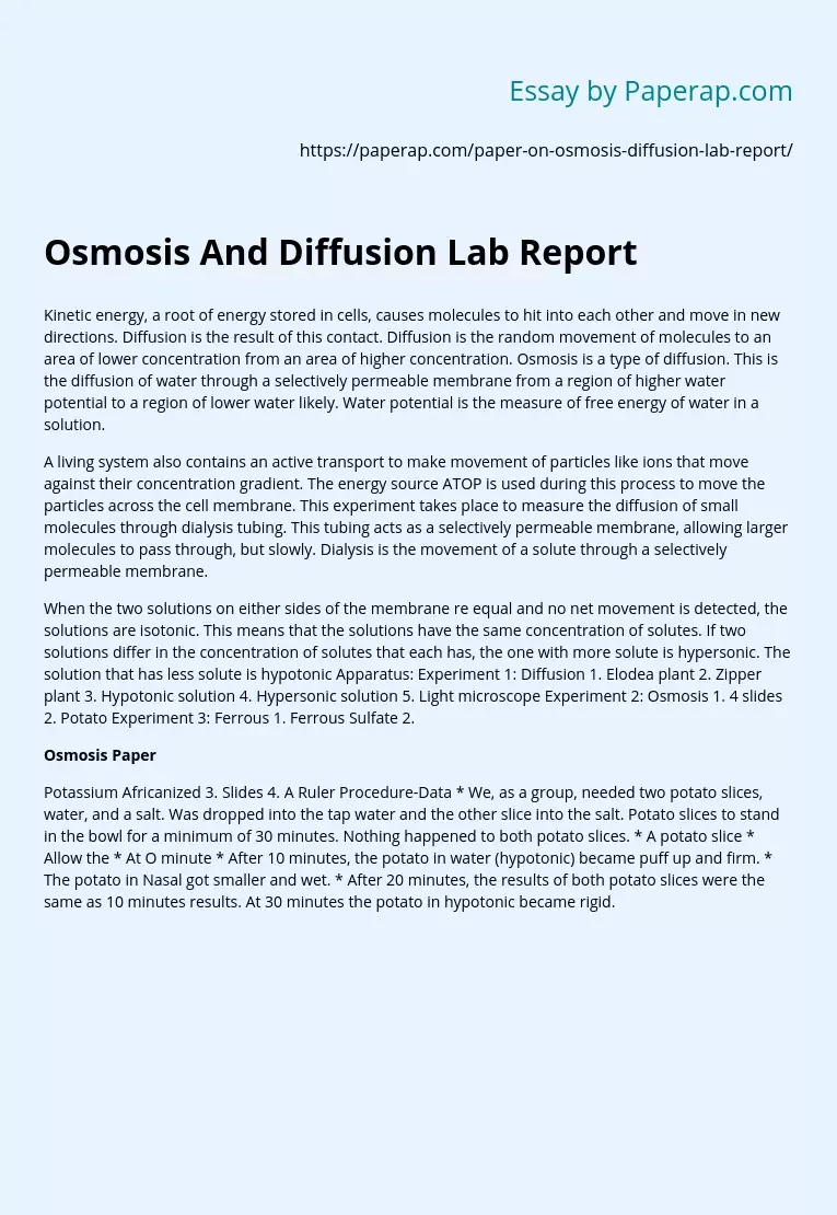 Osmosis And Diffusion Lab Report