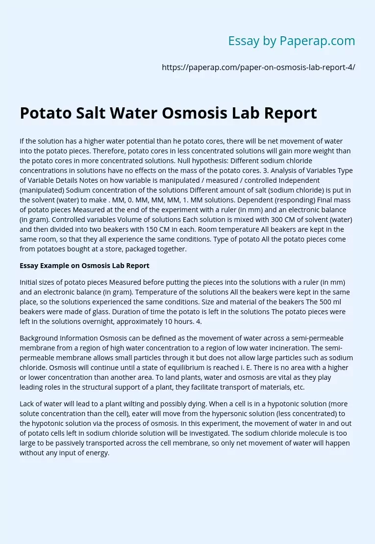 Potato Salt Water Osmosis Lab Report