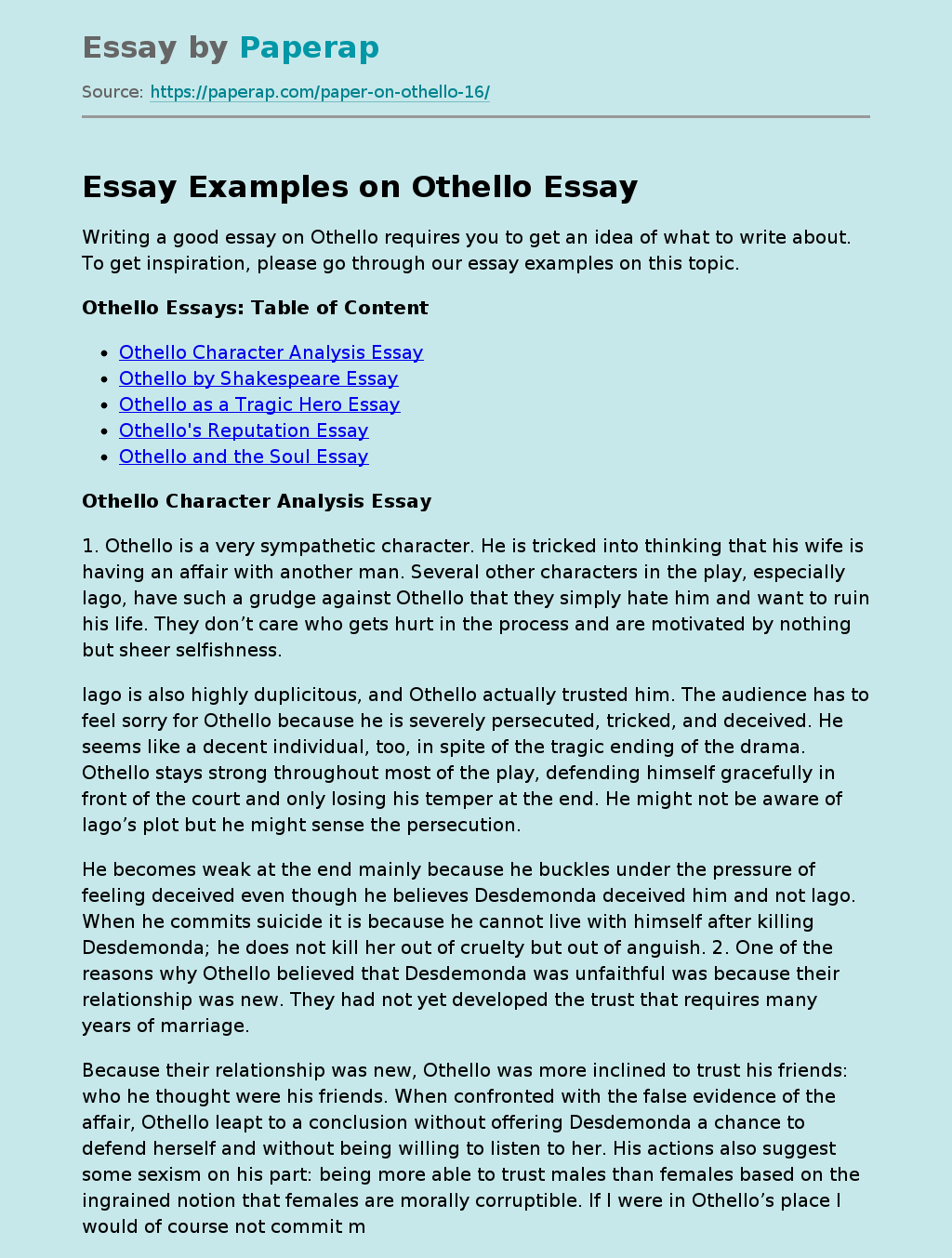 Essay Examples on Othello