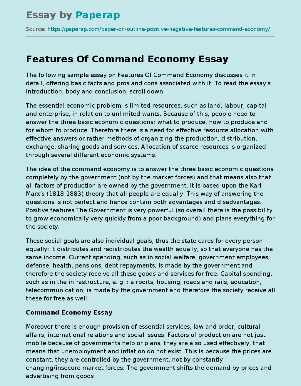 Features Of Command Economy