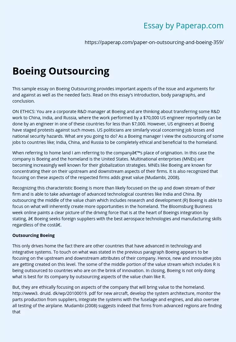 Sample Essay on Boeing Outsourcing