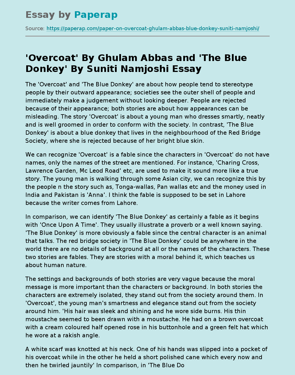 'Overcoat' By Ghulam Abbas and 'The Blue Donkey' By Suniti Namjoshi