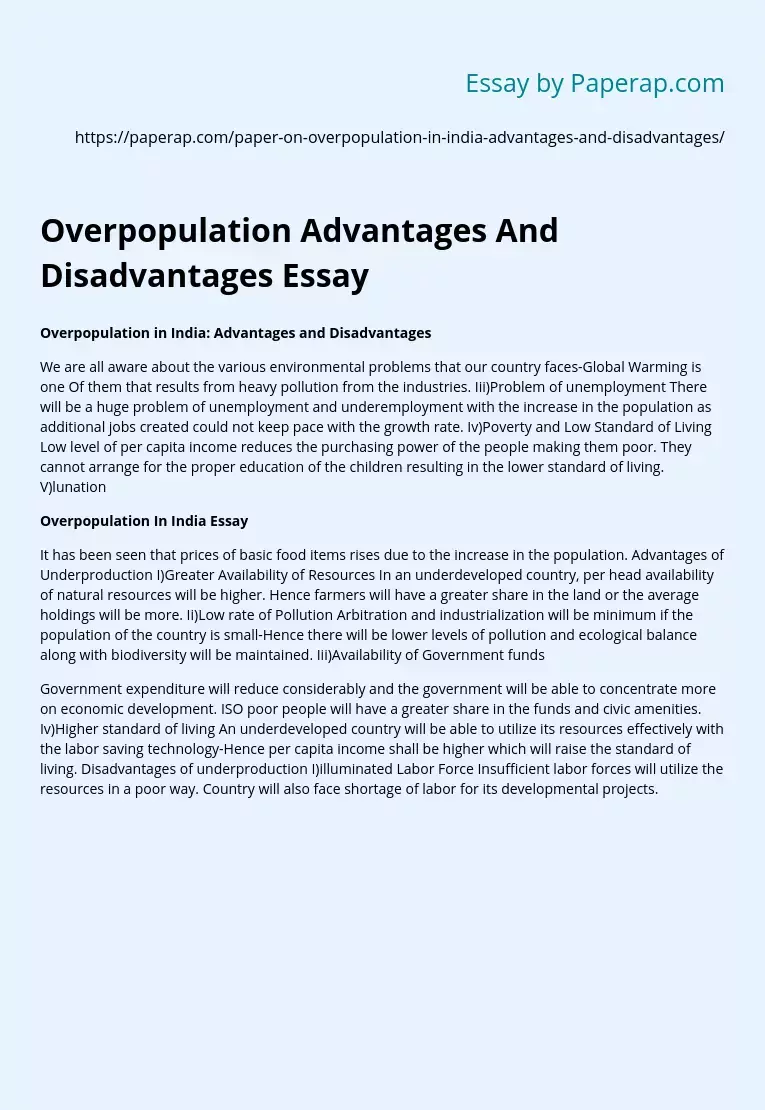 Overpopulation Advantages And Disadvantages Essay
