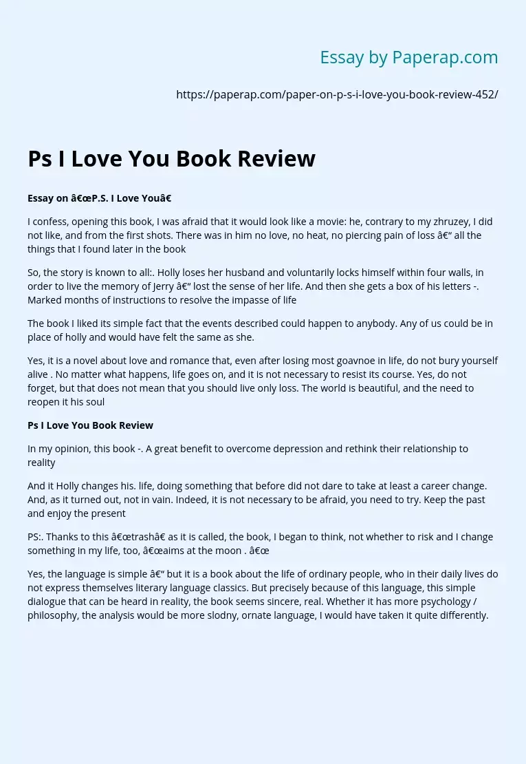 Ps I Love You Book Review Free Essay Example