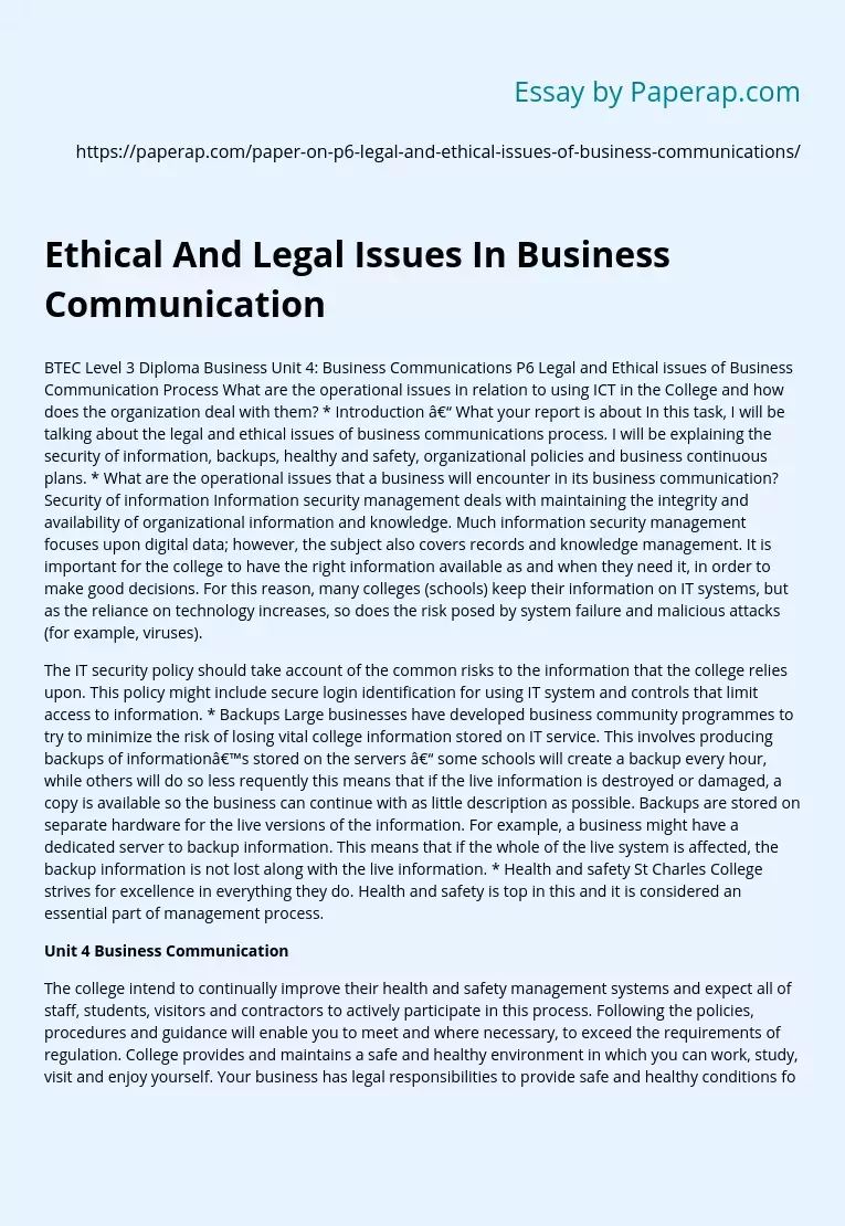 Ethical And Legal Issues In Business Communication