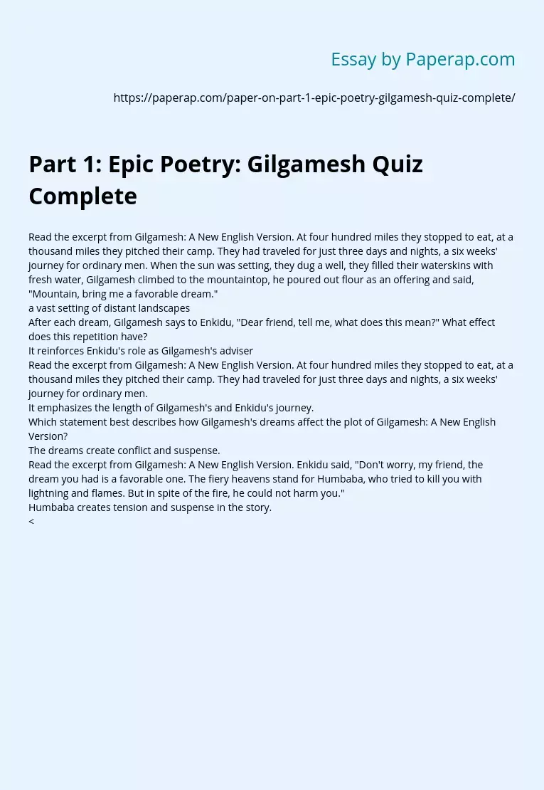 Part 1: Epic Poetry: Gilgamesh Quiz Complete